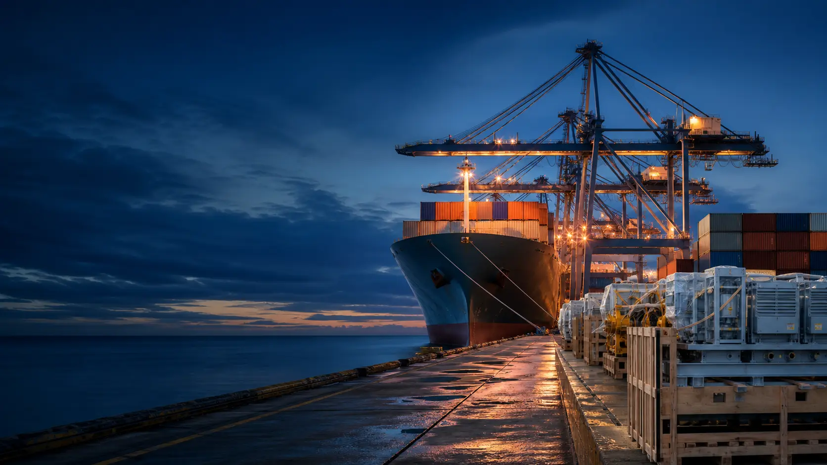 Cargo ship, container terminal and machinery export crates at dusk