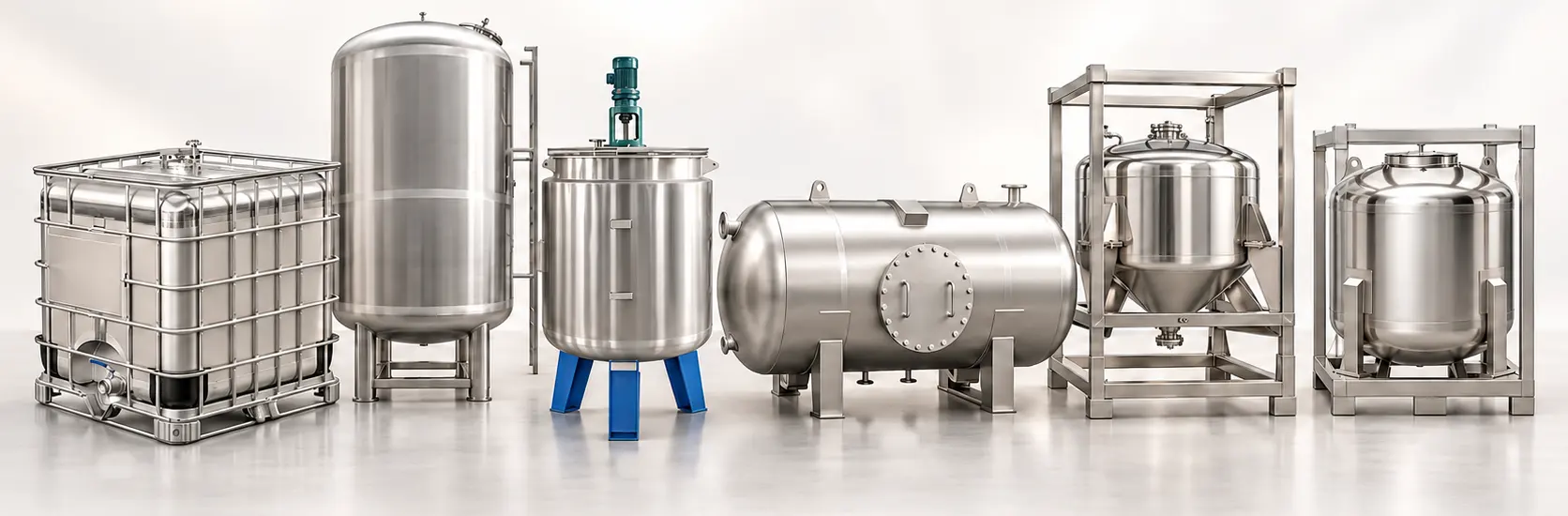 Stainless steel product family: IBC tank, storage tank, mixing drum, pressure vessel, lithium salt tank and electrolyte tank